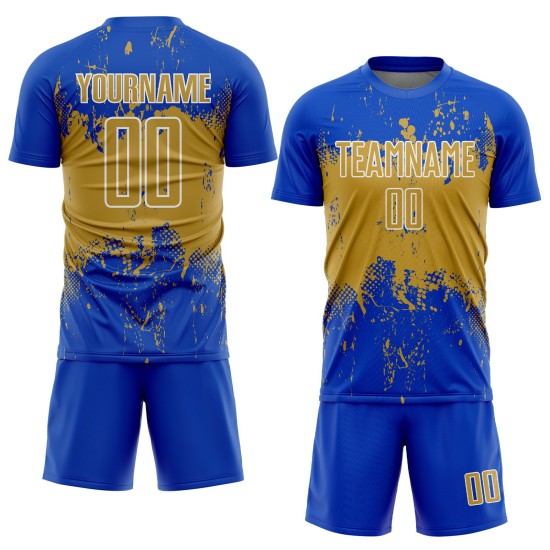 Art Sports Blue Custom Grunge Splatter Jersey Gold-White Old Sublimation Abstract Thunder Soccer Uniform Art Sports Blue Custom Grunge Splatter Jersey Gold-White Old Sublimation Abstract Thunder Soccer Uniform