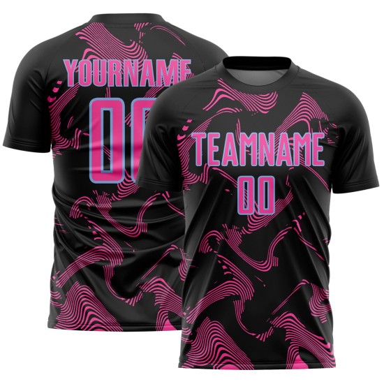 Black Uniform Soccer Custom Pink-Light Blue Curve Sublimation Sports Jersey Lines