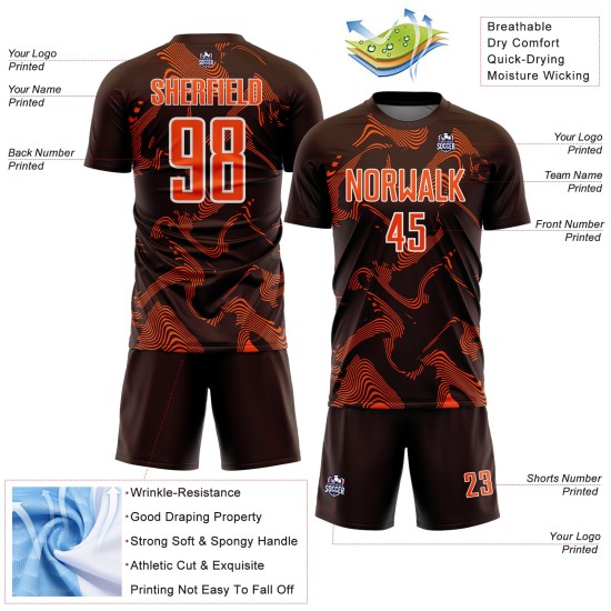 Custom Sublimation Sports Brown Jersey Soccer Orange-White Lines Curve Uniform