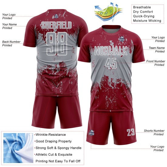 Soccer Sublimation Art Grunge Uniform Sports Splatter Abstract Gray-White Jersey Custom Crimson Soccer Sublimation Art Grunge Uniform Sports Splatter Abstract Gray-White Jersey Custom Crimson
