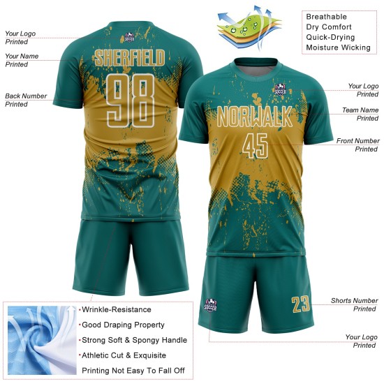 Custom Teal Soccer Uniform Jersey Splatter Art Sports Gold-White Sublimation Abstract Grunge Old