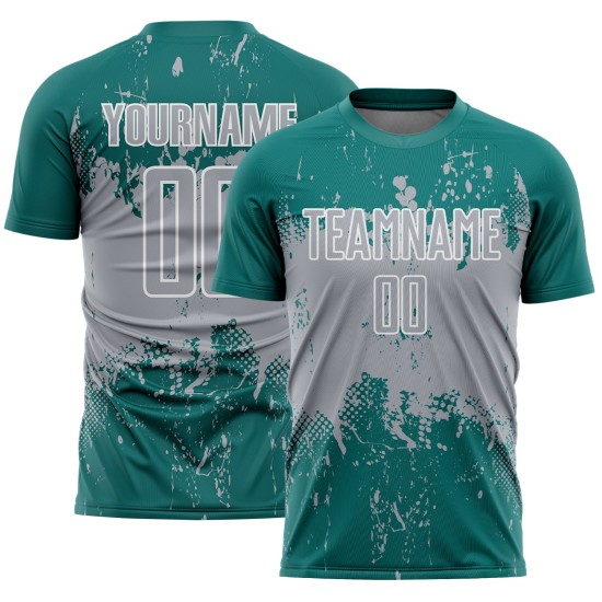 Gray-White Uniform Sublimation Teal Jersey Soccer Sports Abstract Splatter Custom Art Grunge Gray-White Uniform Sublimation Teal Jersey Soccer Sports Abstract Splatter Custom Art Grunge