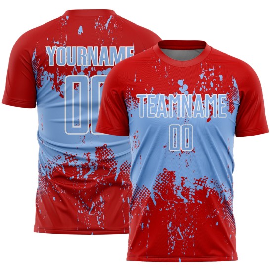 Grunge Splatter Blue-White Soccer Red Custom Abstract Sublimation Uniform Sports Art Jersey Light Grunge Splatter Blue-White Soccer Red Custom Abstract Sublimation Uniform Sports Art Jersey Light