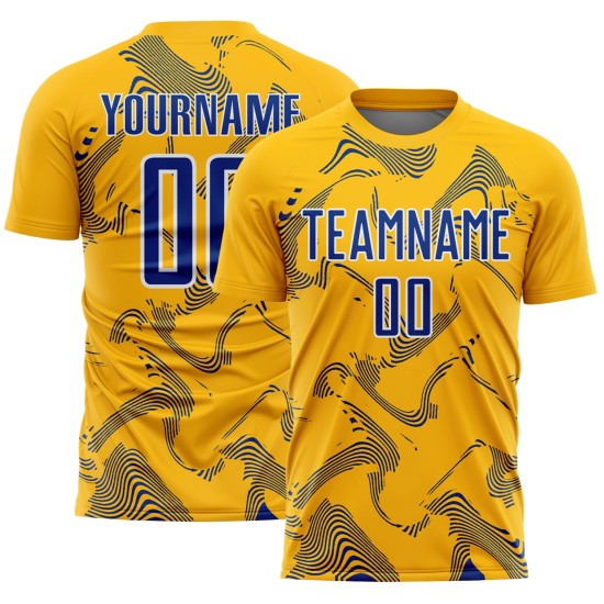 Custom Jersey Curve Sublimation Royal-White Gold Soccer Uniform Lines Sports Custom Jersey Curve Sublimation Royal-White Gold Soccer Uniform Lines Sports