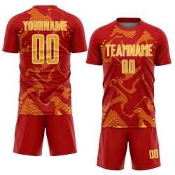 Lines Custom Sublimation Red Sports Jersey Uniform Gold-White Soccer Curve