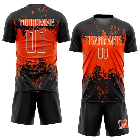 Jersey Sublimation Uniform Black Soccer Sports Art Abstract Grunge Orange-White Splatter Custom