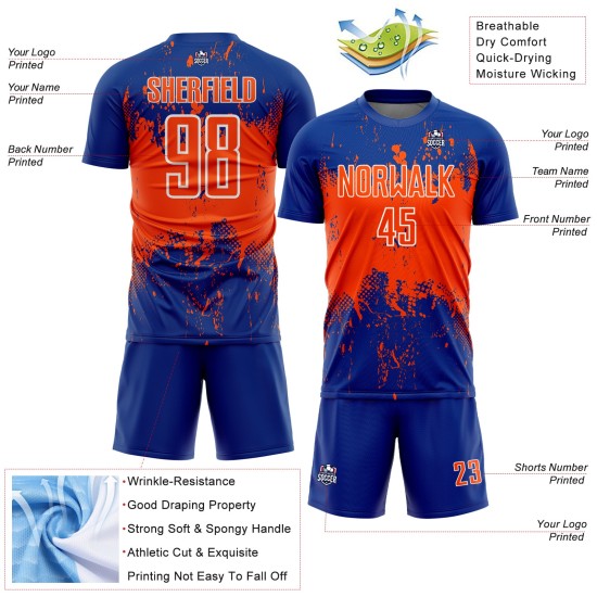 Jersey Sublimation Sports Uniform Abstract Grunge Custom Art Orange-White Royal Soccer Splatter Jersey Sublimation Sports Uniform Abstract Grunge Custom Art Orange-White Royal Soccer Splatter