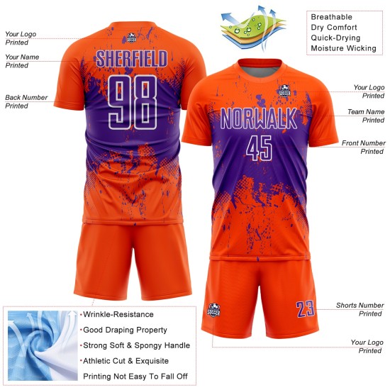 Jersey Custom Splatter Orange Uniform Art Sublimation Soccer Purple-White Abstract Grunge Sports Jersey Custom Splatter Orange Uniform Art Sublimation Soccer Purple-White Abstract Grunge Sports