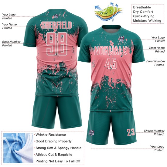 Medium Pink-White Teal Custom Soccer Jersey Sports Abstract Uniform Grunge Art Sublimation Splatter