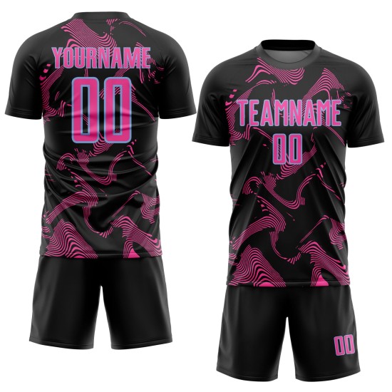 Black Uniform Soccer Custom Pink-Light Blue Curve Sublimation Sports Jersey Lines